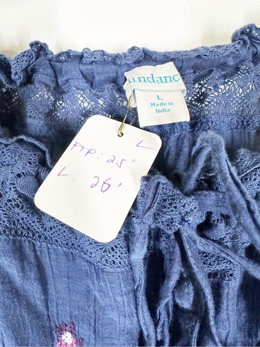 Sundance Navy Embroidered Peasant Floral Sleeve Silk Cotton Blend Blouse Top L - Picture 5 of 7